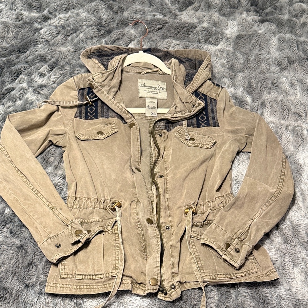 American Rag Beige Hooded Jacket with Navy Accents